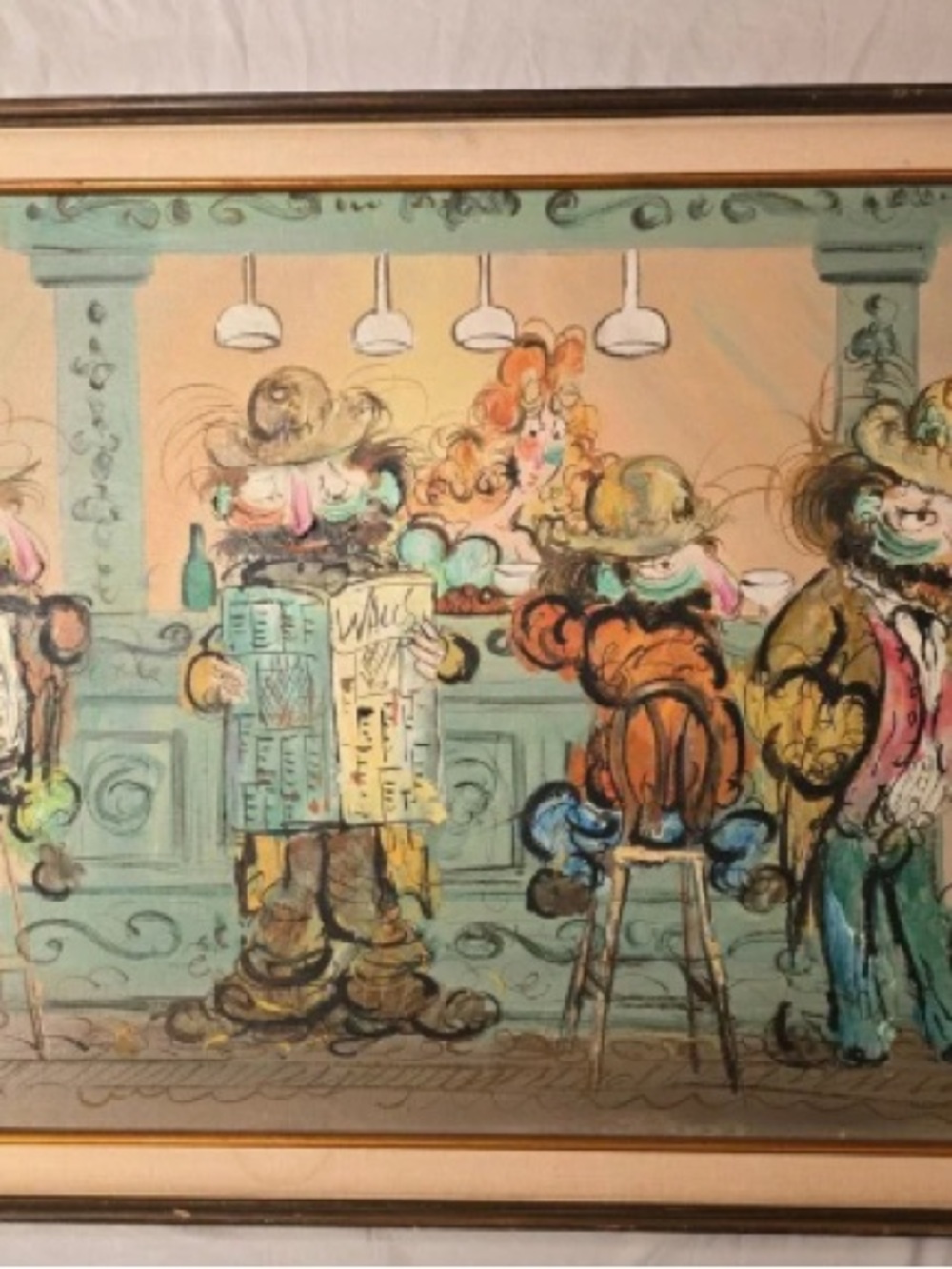 Vintage Newland Signed Oil Painting Mid Century Modern Whimsical Bar Scene Large